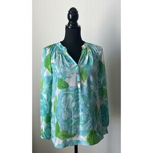 Lilly Pulitzer‎ Womens Elsa Poolside Blue First Impressions Silk Blouse Size XS